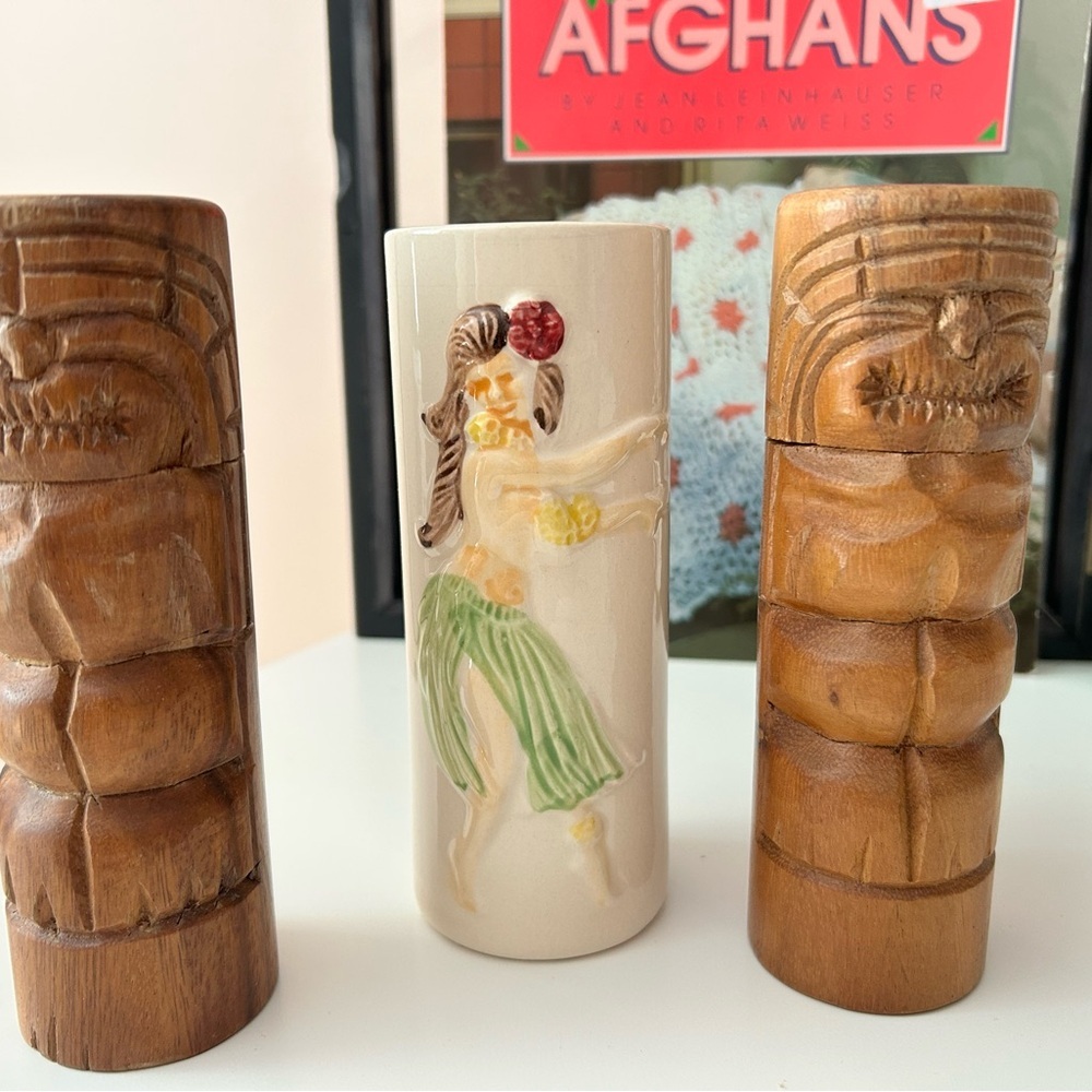 Hula Girl Ceramic Vase with Wooden Tiki Statues